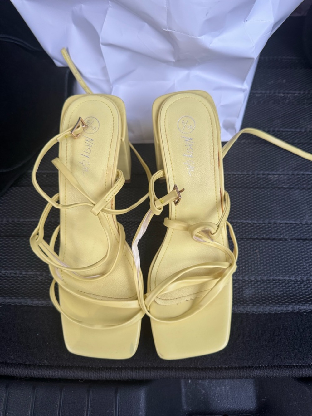 Nasty Gal Pale Yellow Strappy Square-Toe Block Heels